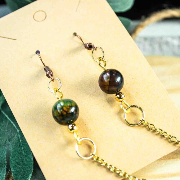 Emerald Green Agate Bead Dangle Earrings with Gold Chain - Picture 5 of 12